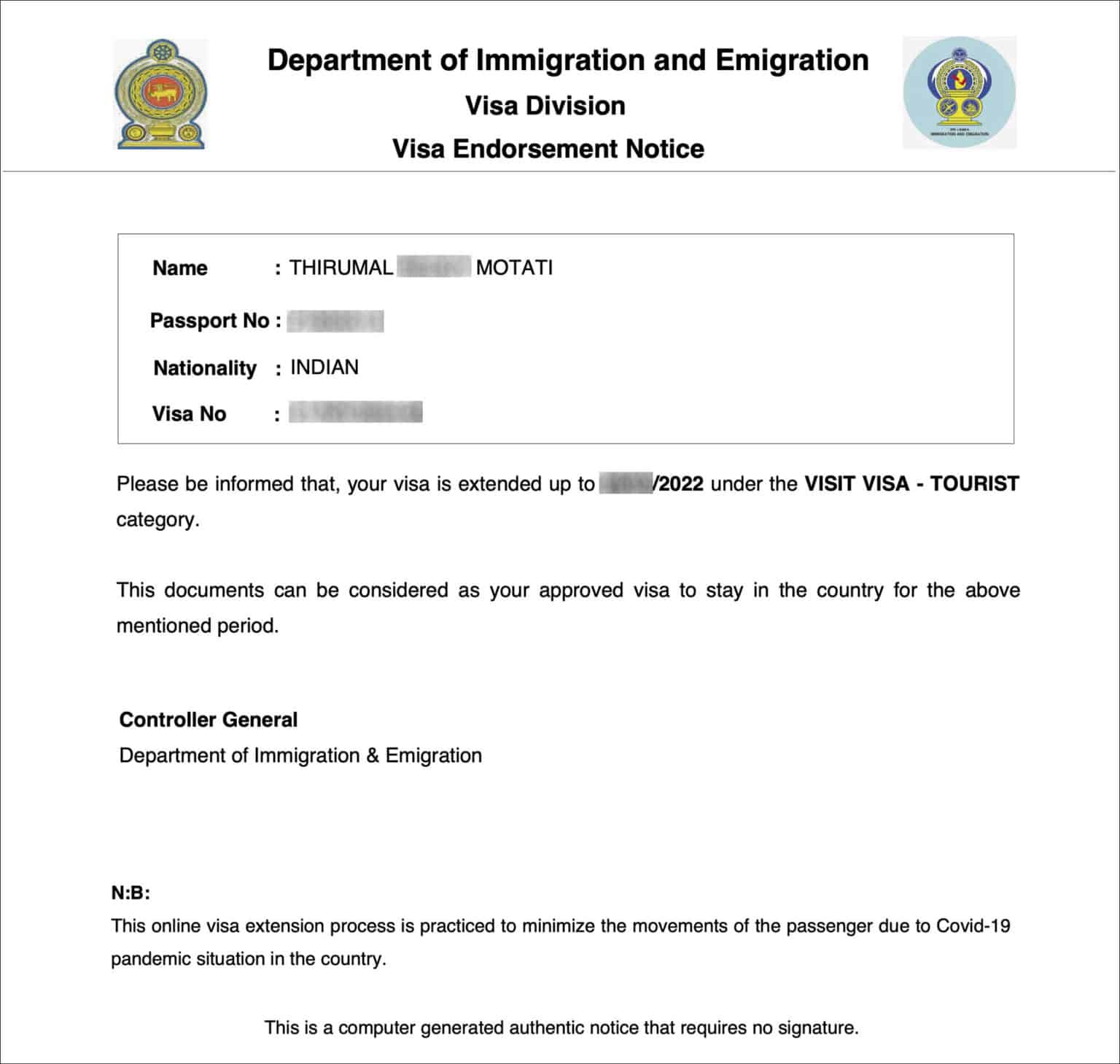 visit visa extension fee sri lanka