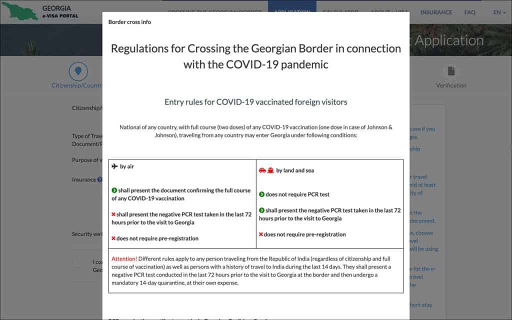 Georgia e-Visa - Regulations Popup