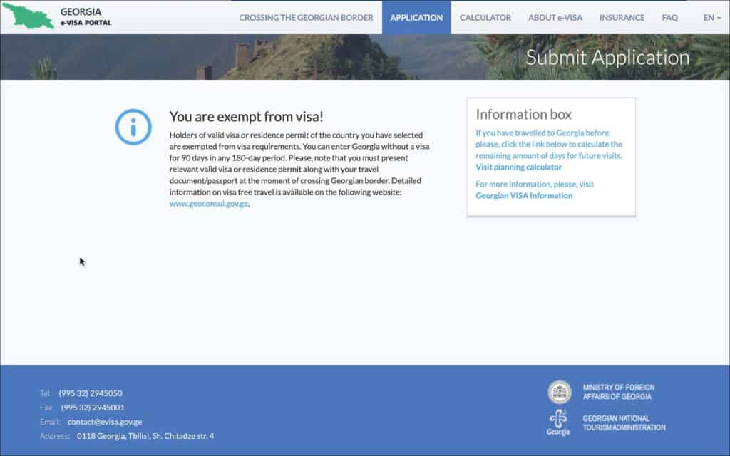 Georgia e-Visa - Your are exempt from visa