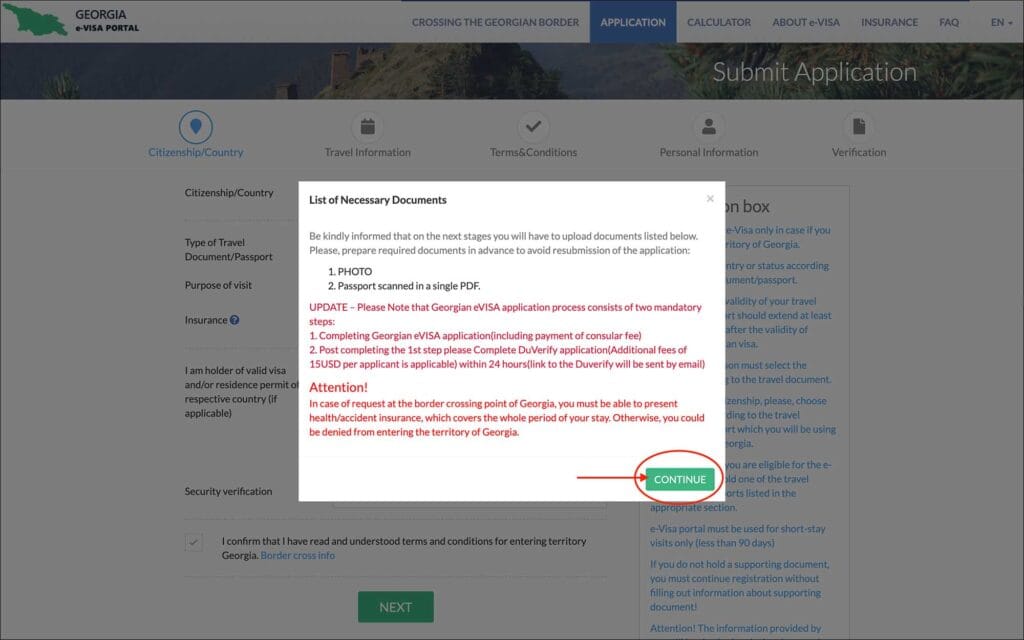 Georgia e-Visa - List of necessary documents popup