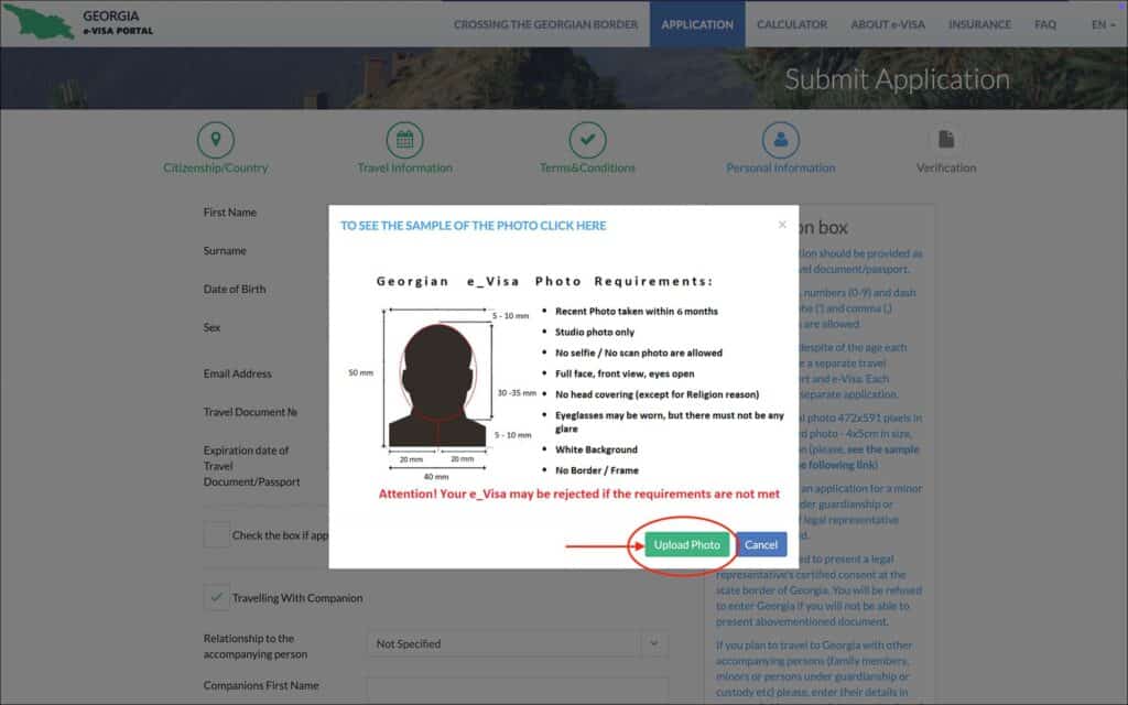 Georgia e-Visa - Upload Photo warning