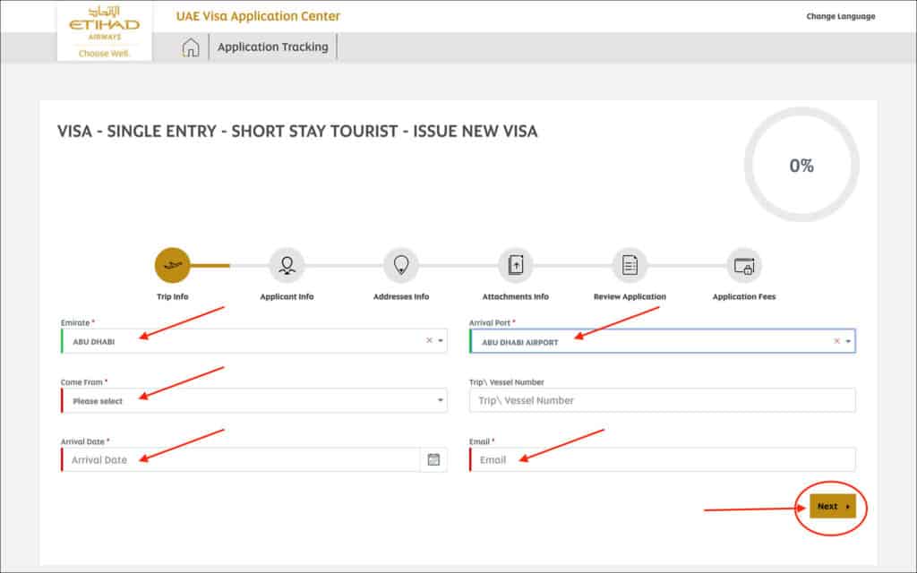 UAE or Dubai Visa Online - Trip Info Section