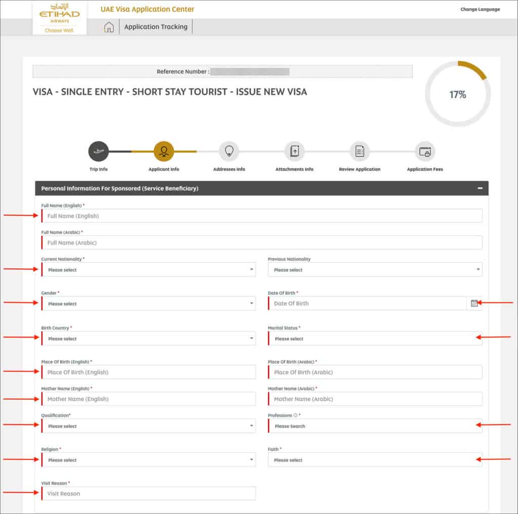 UAE or Dubai Visa Online - Applicant Info Section