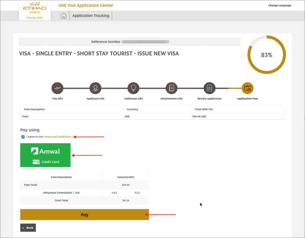 UAE or Dubai Visa Online - Application Fee Section