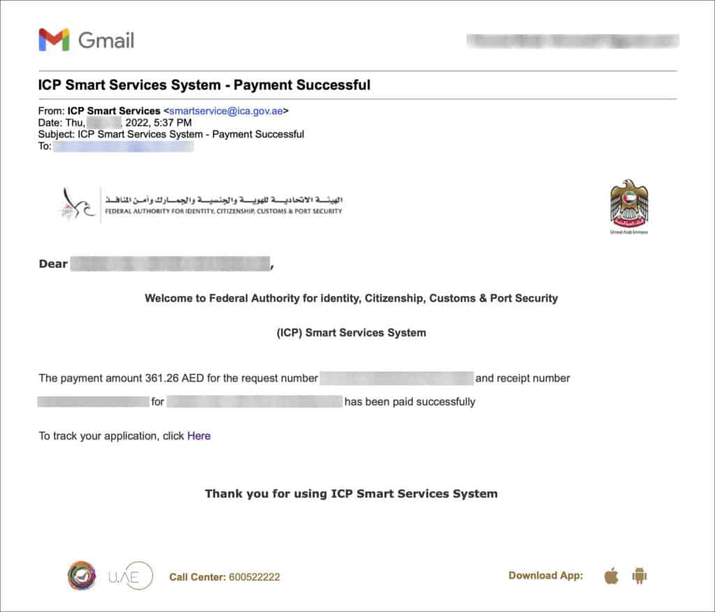 UAE or Dubai Visa Online - Payment Successful Email