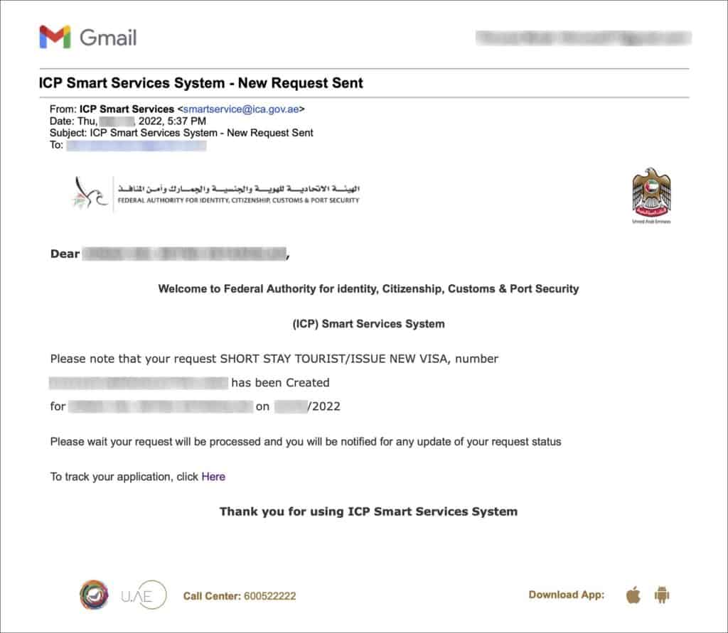 UAE or Dubai Visa Online - New Request Sent Email