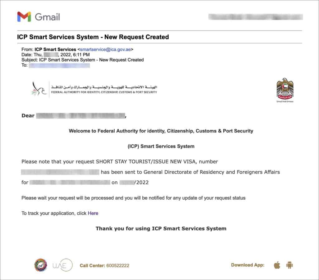 UAE or Dubai Visa Online - New Request Created Email