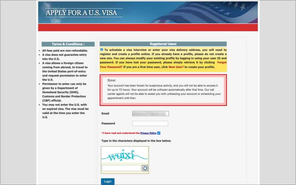 US visa CGI federal account frozen for 72 hours due to suspicious activity