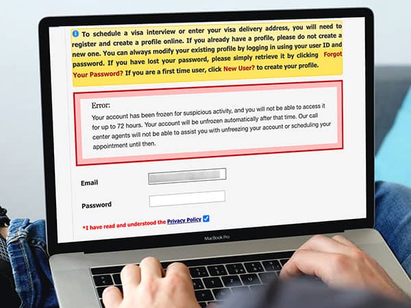 US visa CGI account frozen for 72 hours