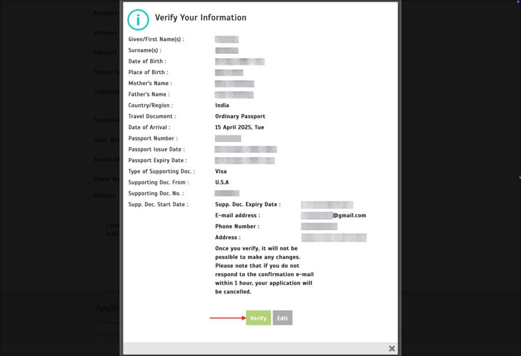 Turkey e-Visa - Verify Information