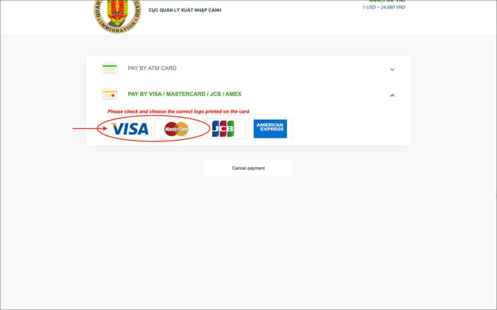 Vietnam E-Visa - Payment CC Domestic