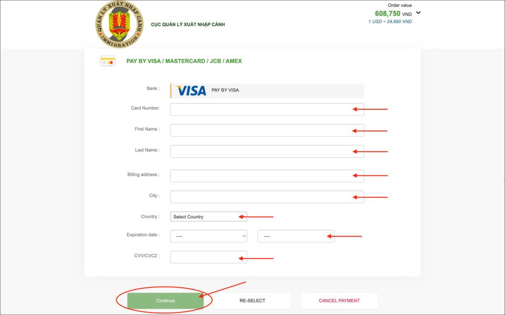 Apply for Vietnam eVisa - Credit Card Page