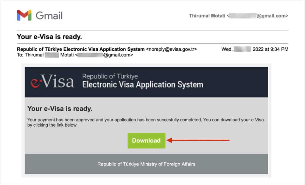 Turkey e-Visa - Download Email