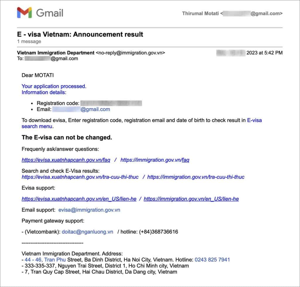 Vietnam eVisa Status Tracking - Approved eVisa Email