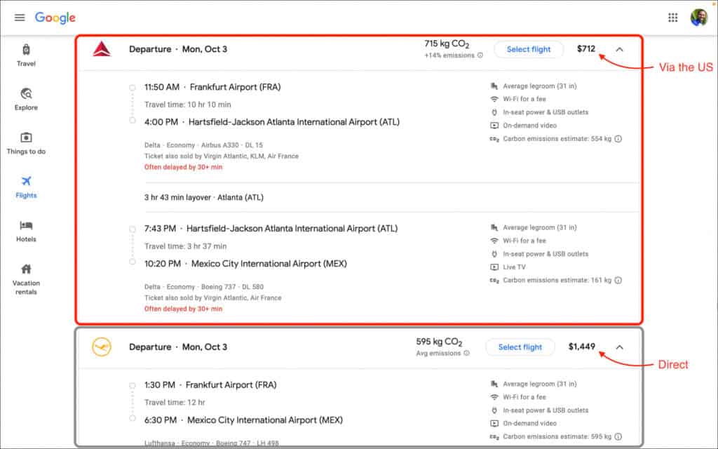 Benefits of US visa - Transiting via the US vs Direct Example 1