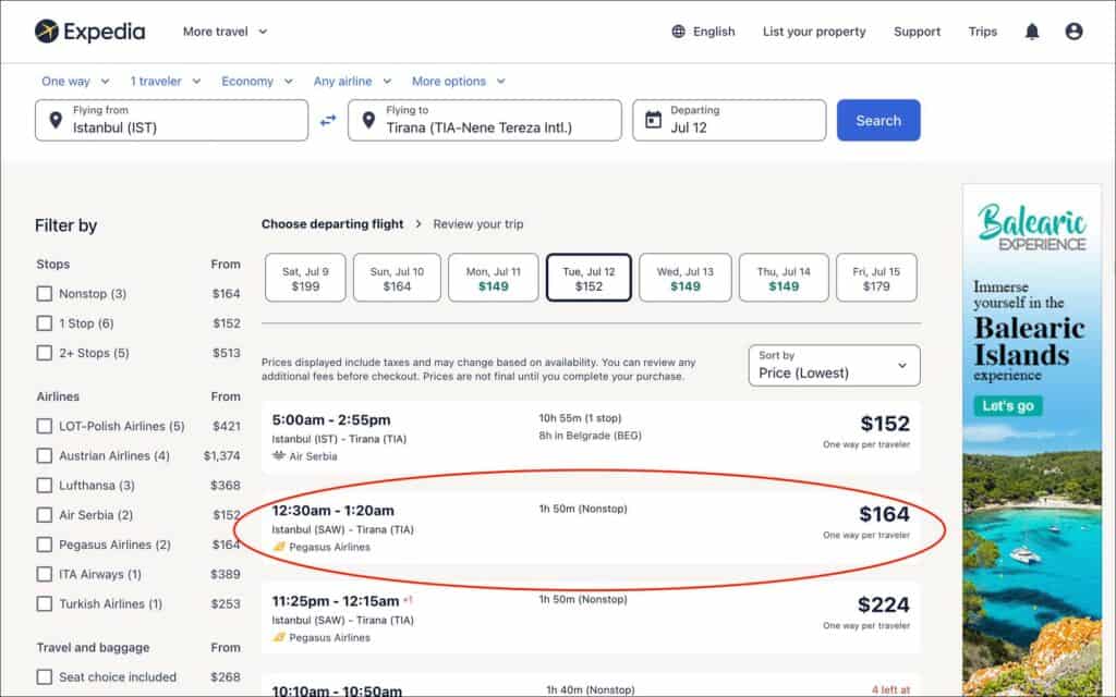 Expedia 24 hour Cancellation - Flight list