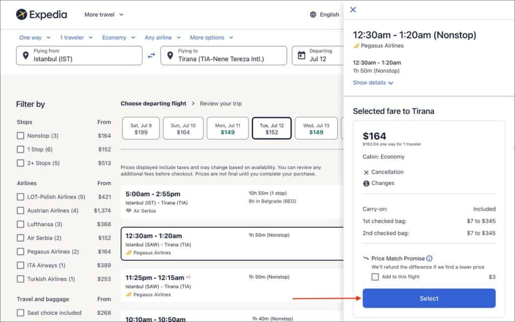 Expedia 24 hour Cancellation - Choose a flight