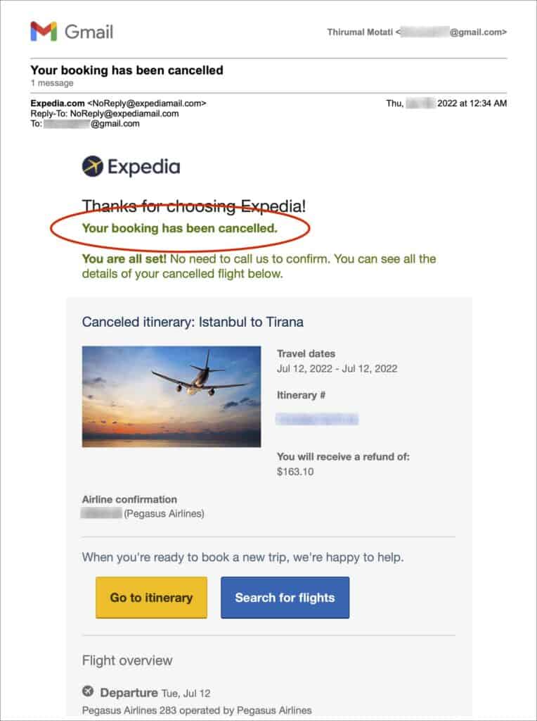 Expedia 24 hour Cancellation - Flight cancellation email