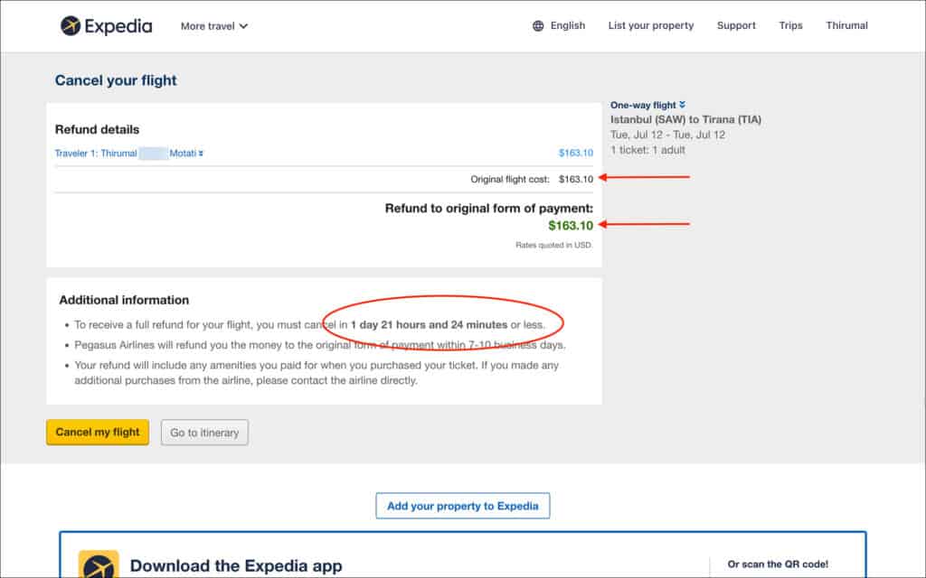 Expedia 24 hour Cancellation - Cancel flight