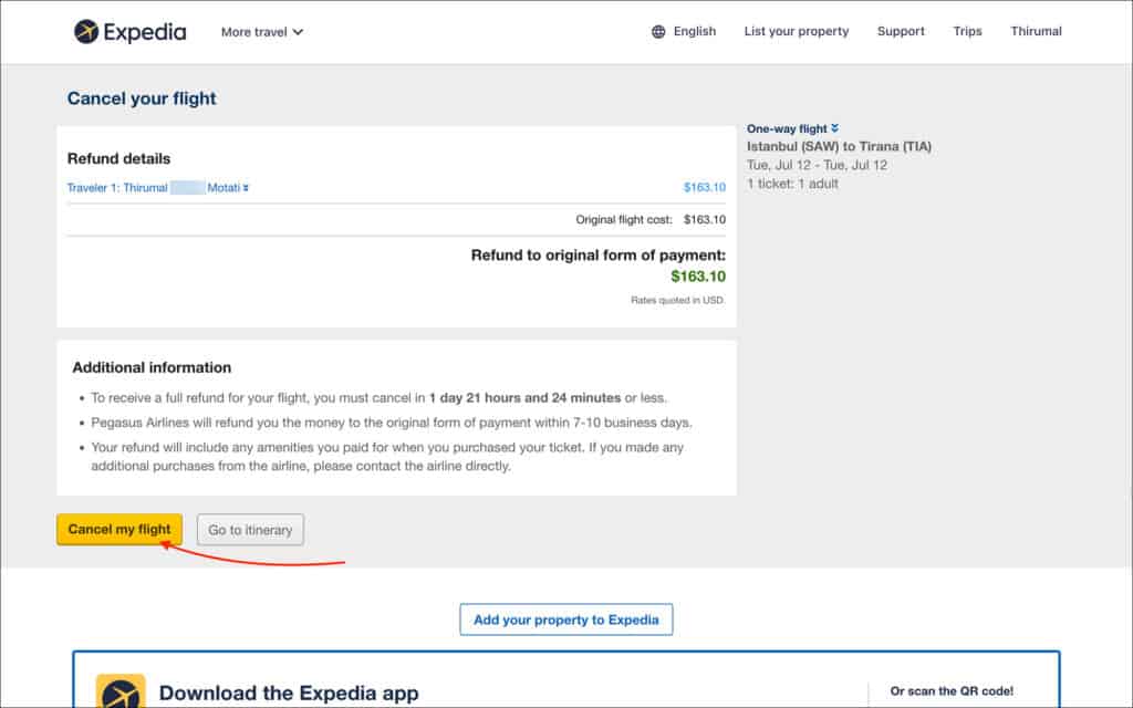 Expedia 24 hour Cancellation - Cancel flight