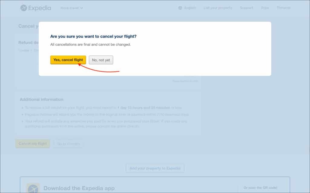 Expedia 24 hour Cancellation - Cancel flight popup