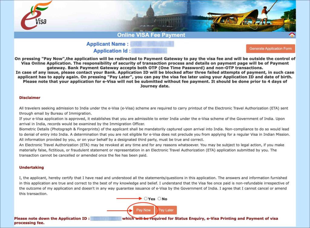 India e-Visa - Fee payment page