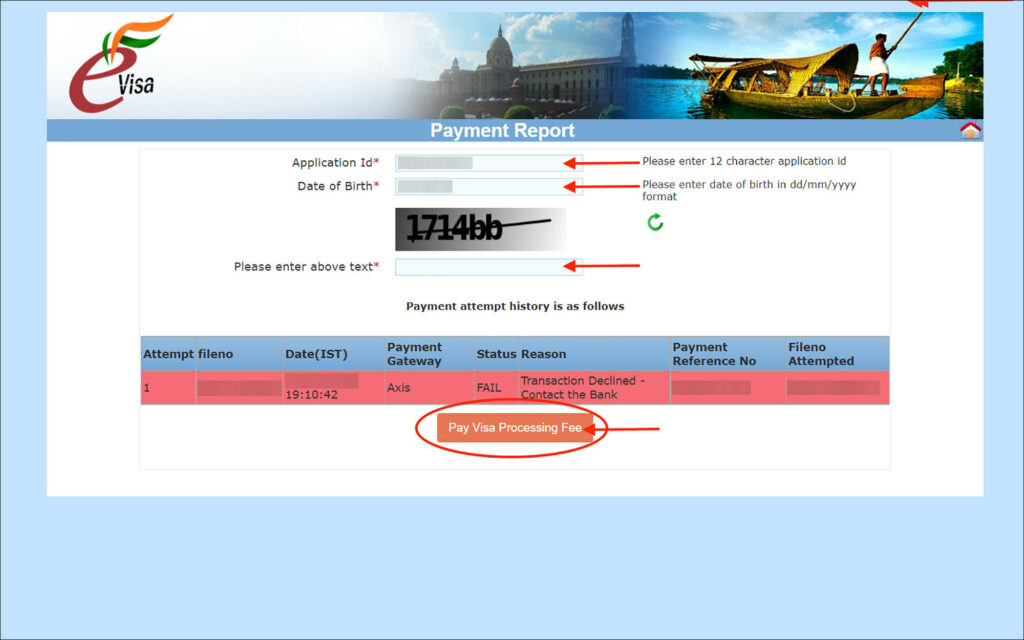 India e-Visa - Failed payment report