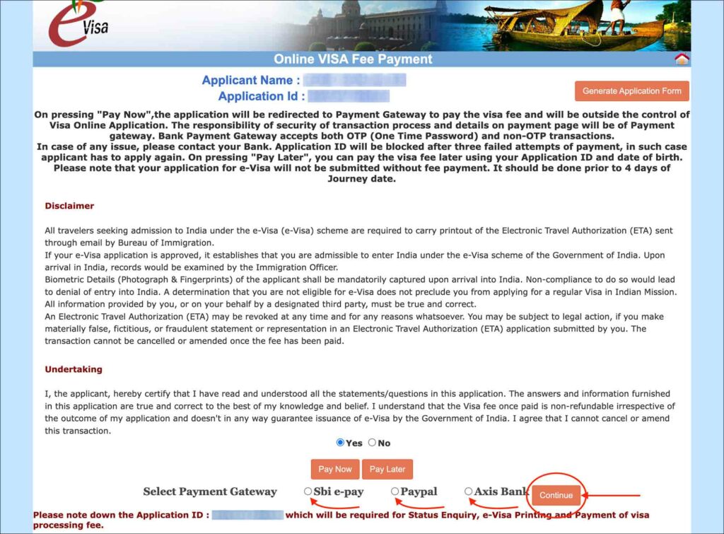 India e-Visa - Fee payment page