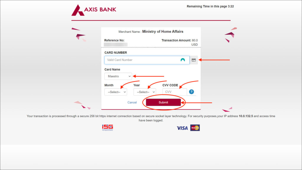 India e-Visa - Axis bank gateway page