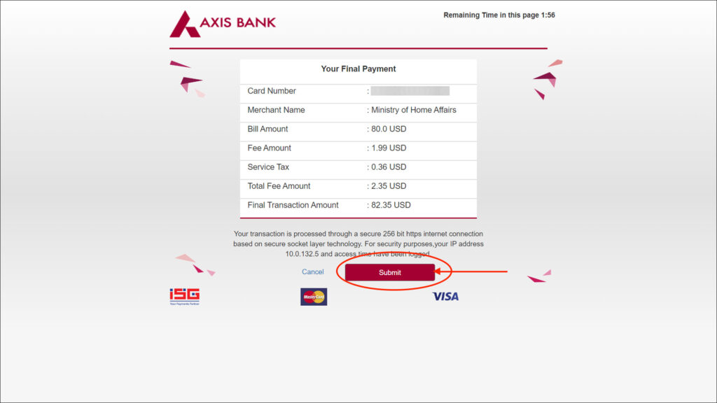 India e-Visa - Axis bank gateway page