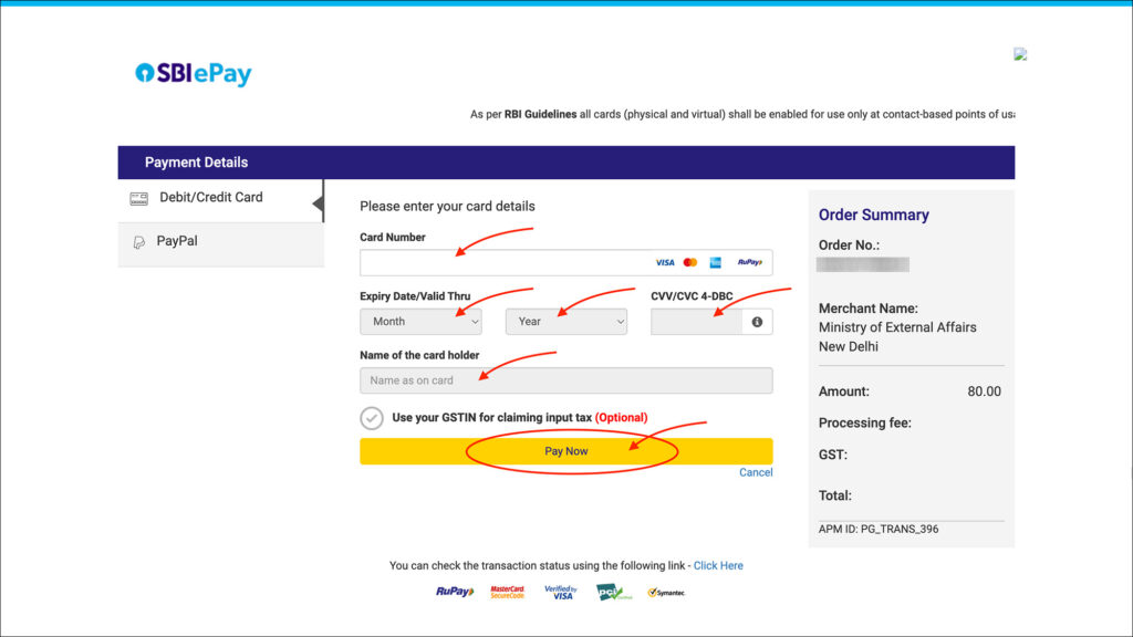 India e-Visa - SBI epay gateway page