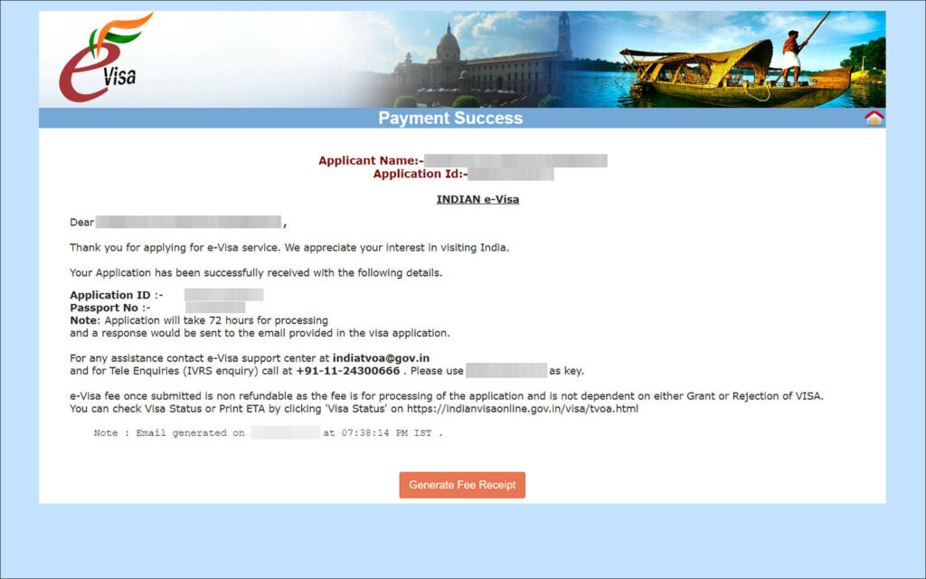 India e-Visa - Payment success page