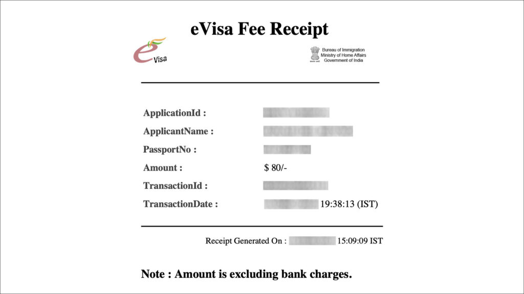 India e-Visa - Fee receipt