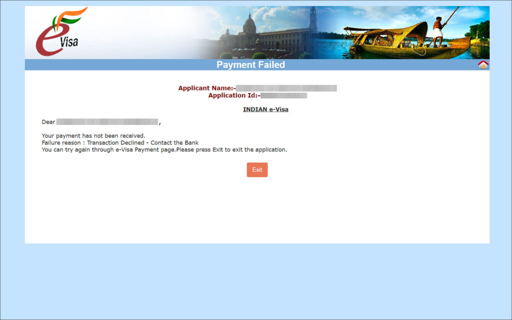 India e-Visa - payment failed page
