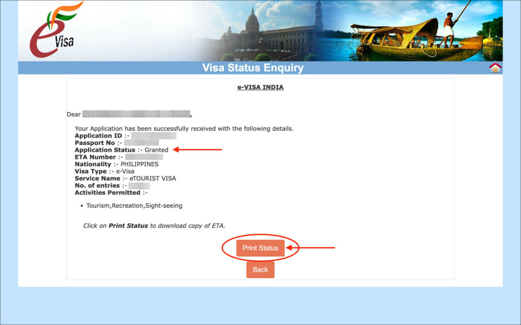 India e-Visa - Granted status