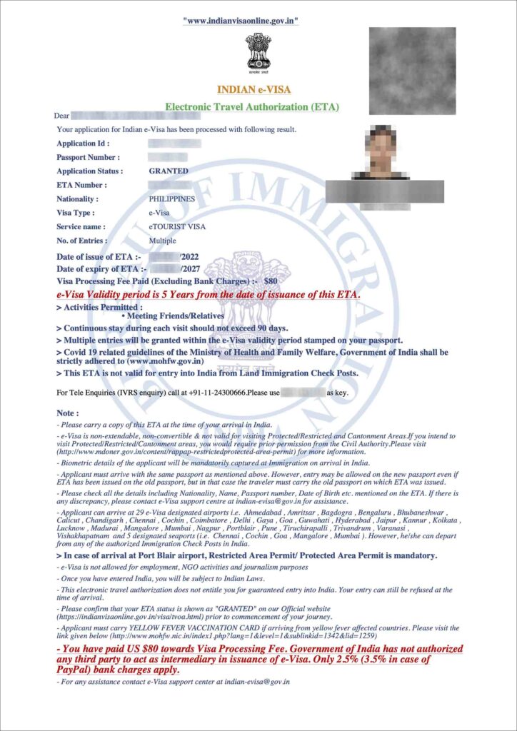 India e-Visa sample picture