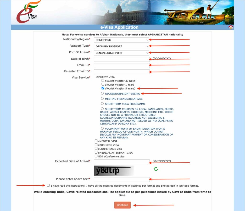 India e-Visa - Application page