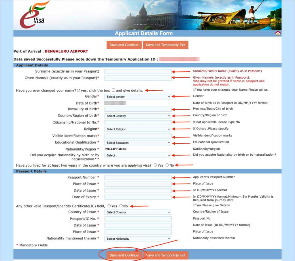 India e-Visa - Applicant details page