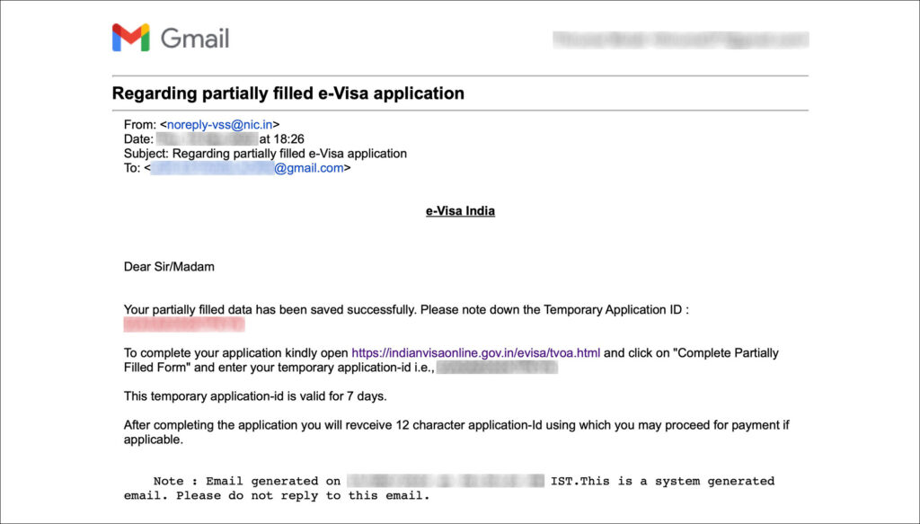 India e-Visa - Partially saved email notification