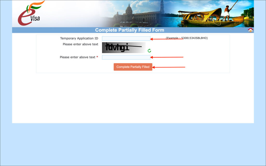 India e-Visa - Complete partially filled form