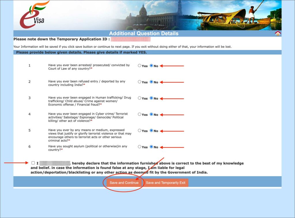 India e-Visa - Additional questions page