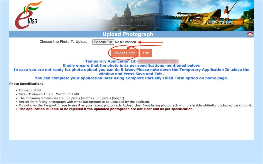 India e-Visa - Upload photograph page