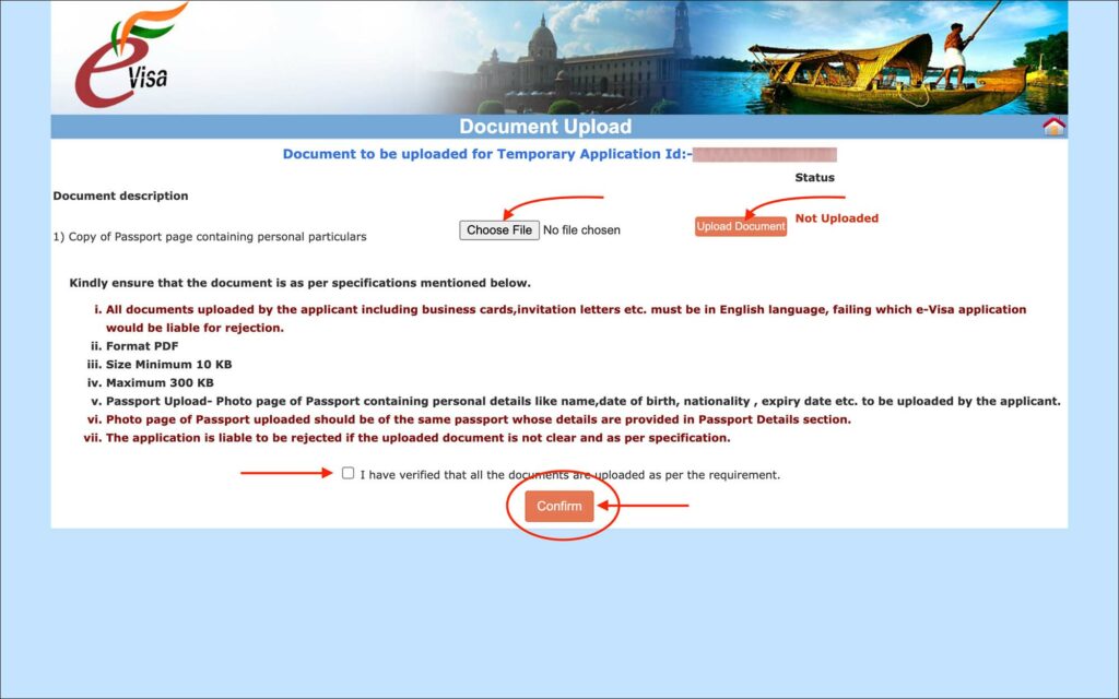India e-Visa - Document upload page