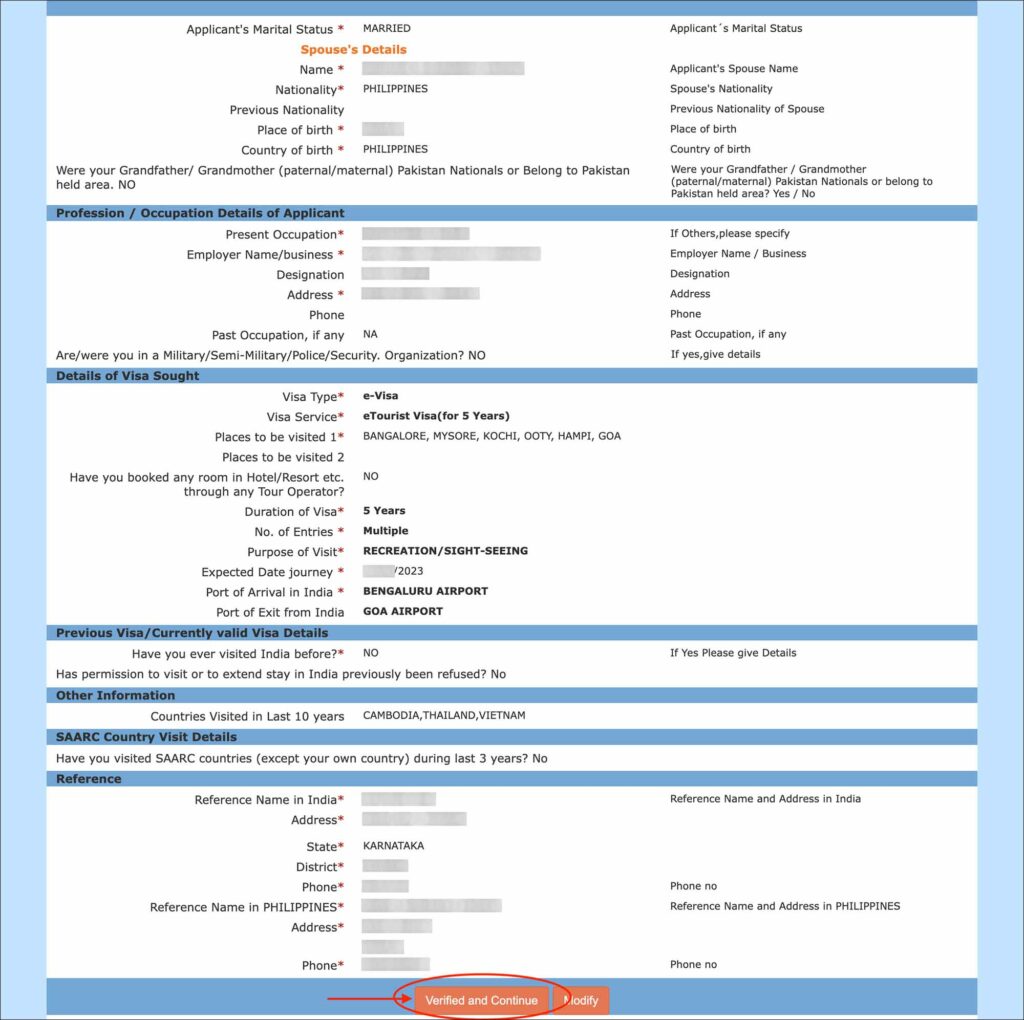 India e-Visa - Confirm details page