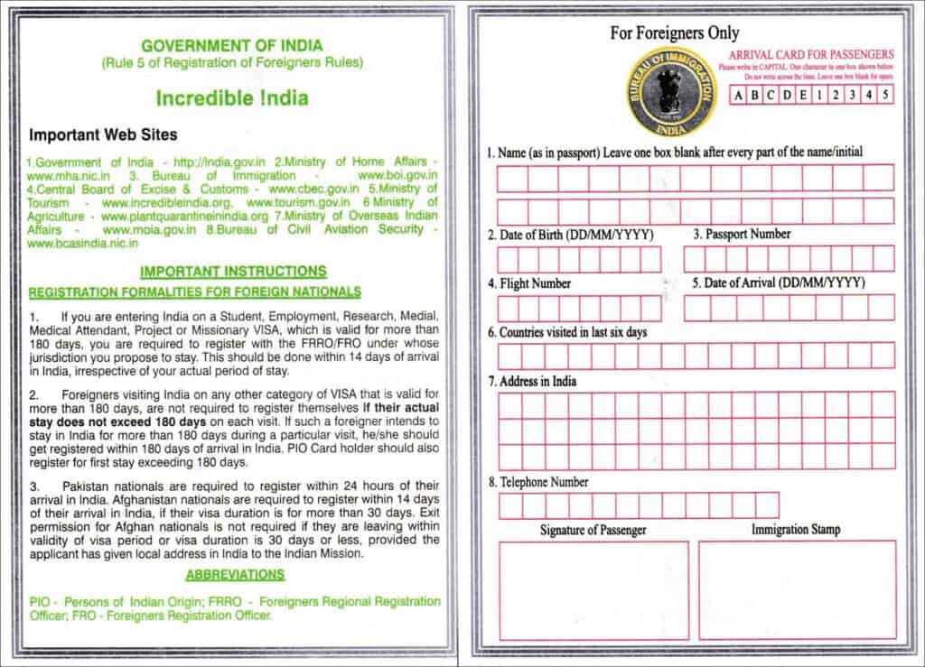 India arrival card for passengers - Foreigners only