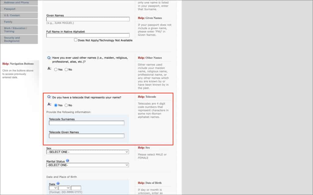 Question in DS-160 form - Do you have a telecode that represents your name