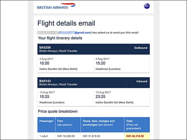 British Airways flight quote email