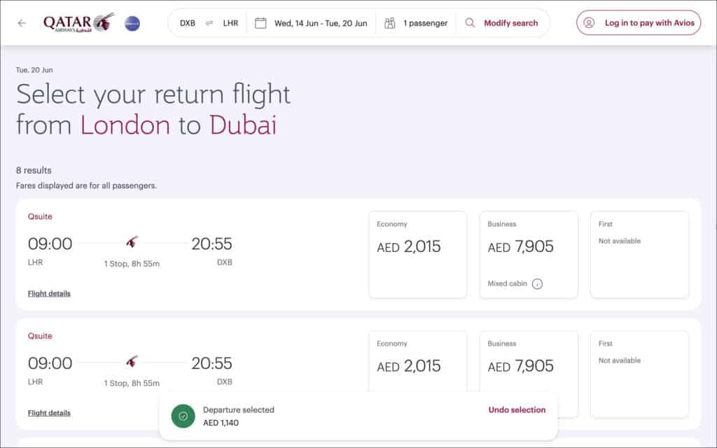 Trip Summary from Qatar Airways - Return Flight