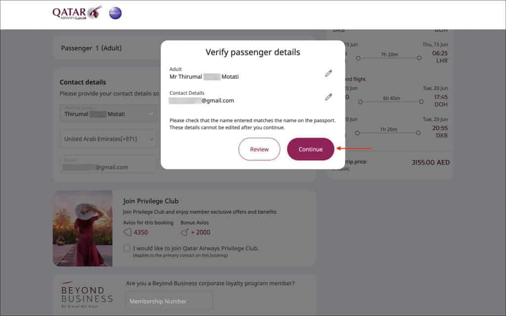 Trip Summary from Qatar Airways - Verify Passenger Details