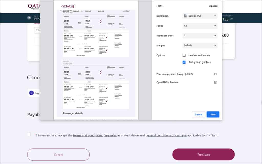 Trip Summary from Qatar Airways - Print Dialog